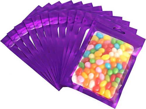 Vista 10 de 100 bolsas de Mylar resellables, a prueba de olores, con ventana transparente; bolsa de papel aluminio, plana, con cierre resellable.