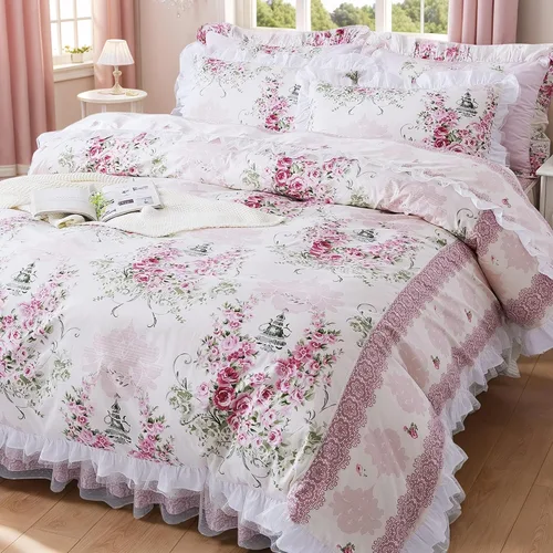 Vista 12 de FADFAY, Juego de ropa de cama romántica con estampado de flores, juego de cama rural rústico, funda de edredón con volantes de encaje de princesa