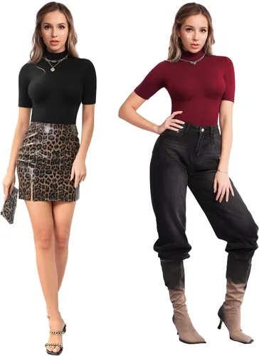 Vista 5 de MANGOPOP Camiseta ajustada de manga larga con cuello alto falso para mujer, manga 34