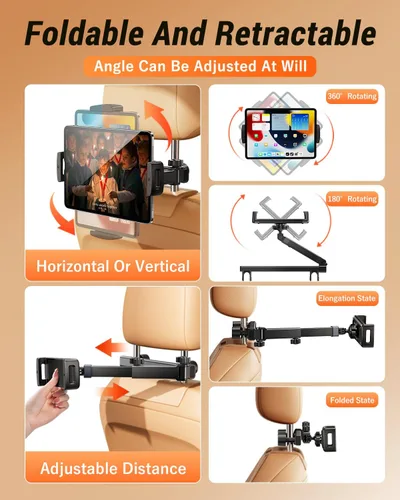 Vista 2 de Soporte para tablet con brazo de extensión para reposacabezas de automóvil, soporte ajustable para iPad para asiento trasero de automóvil, orientado