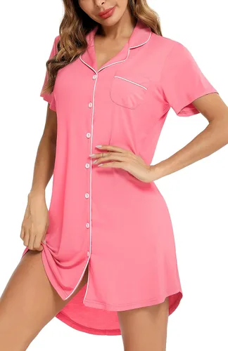 Vista 9 de Samring Camisón de pijama para mujer, manga corta/larga, con botones, camisón para dormir, camisón para novio, talla XXL
