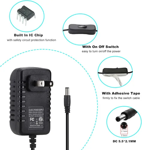 Vista 2 de adaptador de fuente de poder CC de 12V, con interruptor ON/OFF para iluminación LED de 12V., negro, 0093, 24.00watts, 12.00 volts