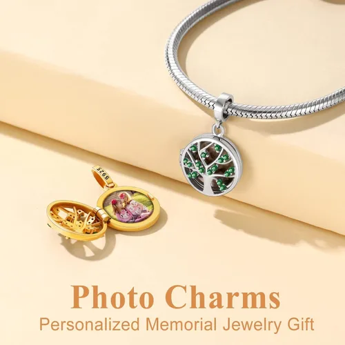 Vista 12 de Custom4U Photo Charms for Bracelets 925 Sterling Silver/Gold Plated Heart/Tree of Life/Round Charm Bead Personalized with Picture Custom