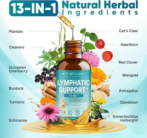 Vista 3 de Gotas de drenaje linfático liposomal, gotas de apoyo linfático 13 en 1 con saúco y equinácea, apoyo del sistema inmunológico y linfático, sabor a