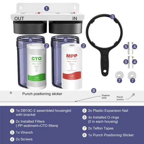 Vista 7 de SimPure Sistema de filtro de agua para toda la casa, 2 etapas de prefiltración de agua transparente para el hogar con filtros de carbono