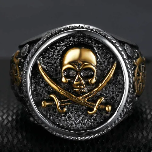 Vista 4 de Jude Jewelers Anillo de acero inoxidable antiguo con diseño de calavera pirata para Halloween, cóctel, fiesta, motociclista