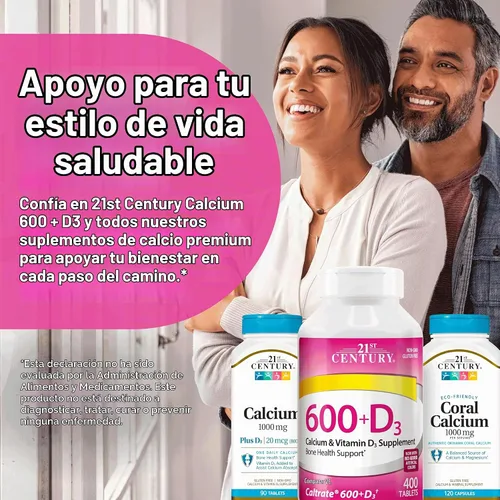 Vista 8 de 21st Century Tableta de suplemento de calcio Plus D, 600 mg, 400