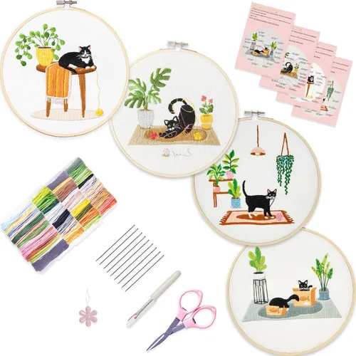 Vista 11 de Bonroy Juego de 4 juegos de bordado para principiantes, manualidades de arte, fácil costura, incluye ropa de bordado, patrón, aro de bordado, manual