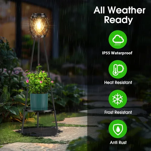 Vista 3 de MXwcy Lámpara de pie solar con soportes para plantas, luces solares para exteriores con bombillas LED Edison vintage, luces de jardín resistentes a