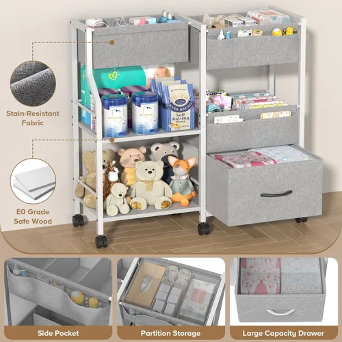 Vista 7 de Organizador y almacenamiento de pañales para bebé, carrito rodante de 3 niveles con separadores y cajones, carrito móvil con ruedas para guardería