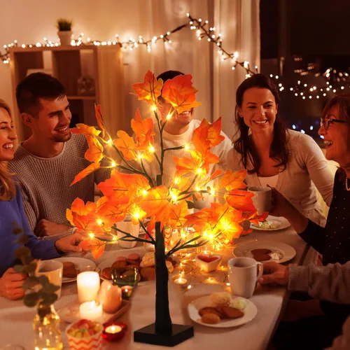 Vista 4 de Paquete de 2 árboles de arce iluminados de 20 pulgadas, 48 luces LED, árbol artificial de otoño para decoración de interiores de cosecha de Acción
