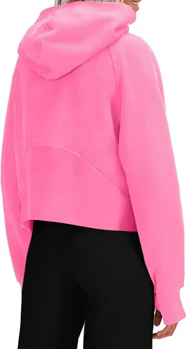 Vista 2 de Sudaderas con capucha para mujer, media cremallera, con forro polar, cuello con cremallera, sudaderas recortadas de manga larga