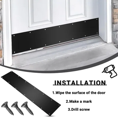 Vista 4 de Dunzy Placa protectora inferior de puerta con tornillos negros de grosor de aluminio satinado, placa de empuje de puerta de metal pulido