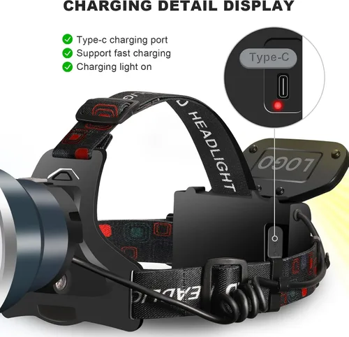 Vista 2 de Linterna de faro delantero, linterna LED recargable brillante, lámpara frontal impermeable con luz trasera para acampar al aire libre, correr