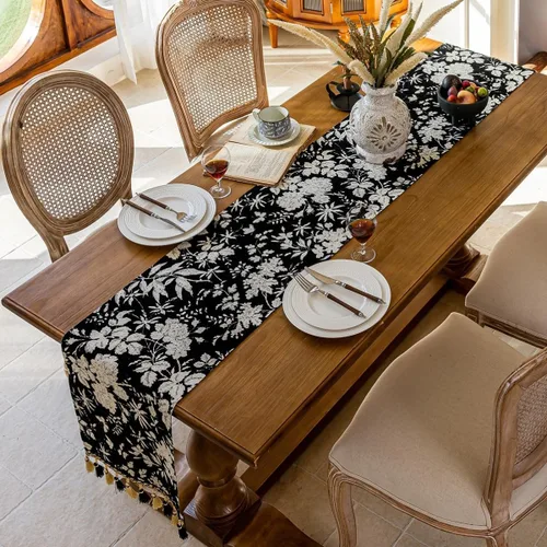 Vista 4 de Camino de mesa botánico floral para sala de estar, camino de mesa de comedor de flores jacquard con borlas, moderno, decorativo, elegante, natural