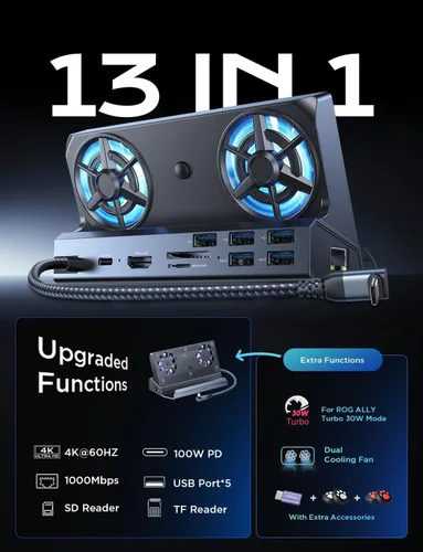 Vista 3 de LISEN Estación de acoplamiento 10 en 1 para Steam Deck OLED y ROG Ally X y Legion Go, ventilador de enfriamiento dual 5 puertos USB y 4K @60Hz