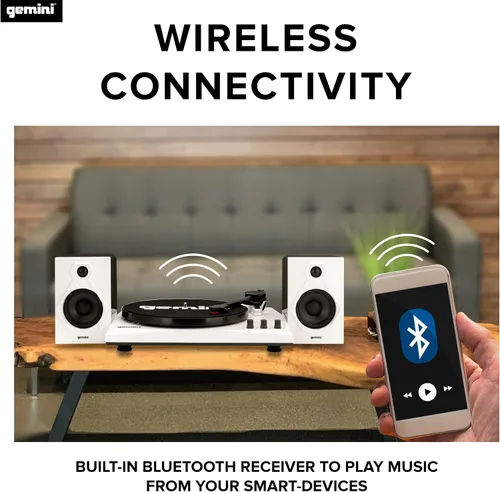 Vista 2 de Gemini Sound TT-900-Tocadiscos de 3 velocidades con Bluetooth, altavoces estéreo de 2 vías y ajuste de tono (blanco) Tocadiscos Bluetooth