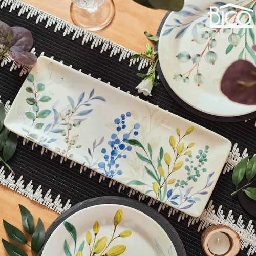 Vista 4 de Bico Botanical Valley - Juego de 2 platos rectangulares de cerámica de 14 pulgadas, para servir ensalada, pasta, queso, jamón, aperitivo, microondas