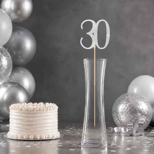 Vista 8 de Palitos de centro de mesa de cumpleaños número 30 con purpurina plateada, paquete de 12 decoraciones de fiesta de aniversario número 30