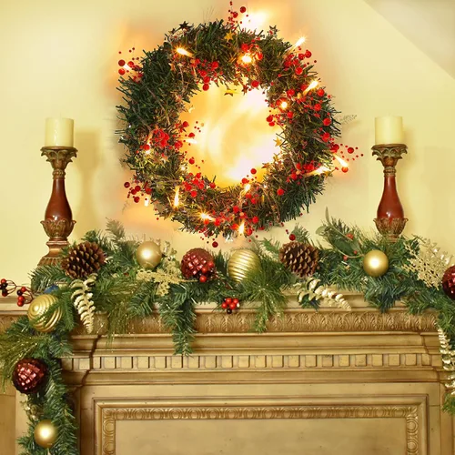 Vista 4 de Mosoan Guirnalda de 30 luces LED de Navidad de 10 pies, funciona con pilas, 2 modos de luz, guirnalda de bayas rojas iluminadas para árbol