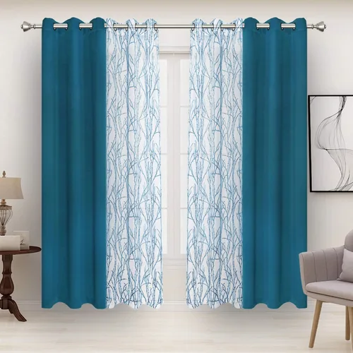 Vista 13 de BONZER Cortinas para Mezclar y Combinar - 2 Piezas de Cortinas Transparentes con Estampado de Ramas y 2 Piezas de Cortinas Opacas para Dormitorio