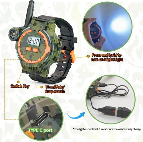 Vista 4 de Walkie Talkie recargable para niños, radio bidireccional Walky Talky con linterna, juego para exteriores, interfono, juguete y regalos para niños