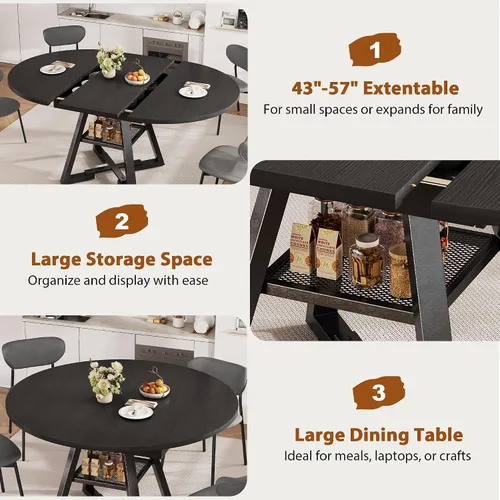 Vista 8 de Mesa de comedor redonda extensible de 43 a 57 pulgadas para 4-6, moderna mesa de comedor ovalada de cocina industrial con hojas extraíbles, base