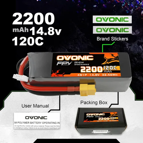 Vista 5 de OVONIC 4s Lipo Batería 120C 2200mAh 14.8V Lipo Batería con XT60 Conector forRC FPV Racing Drone Quadcopter