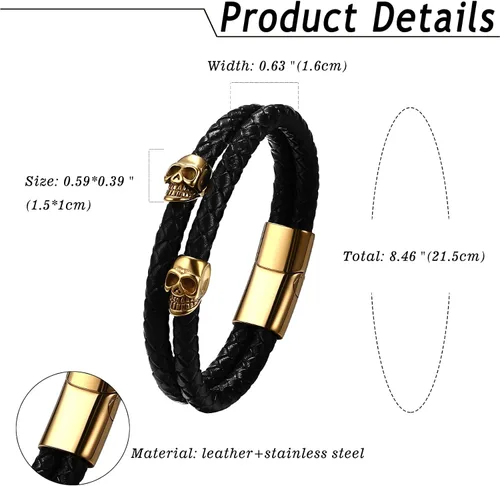 Vista 6 de NMQLX Pulsera de cuero, pulsera de calavera punk, pulseras de cuero trenzadas, pulsera gótica vintage para hombres