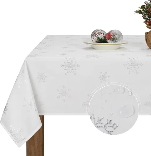Vista 10 de Mantel de Navidad, mantel de copo de nieve gris y blanco, mantel impermeable de Navidad gris para comedor, cocina, vacaciones de invierno, funda