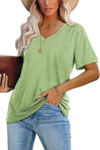 Vista 4 de Donnalla Paquete de 2 camisetas básicas de manga corta con cuello en V para mujer, color sólido