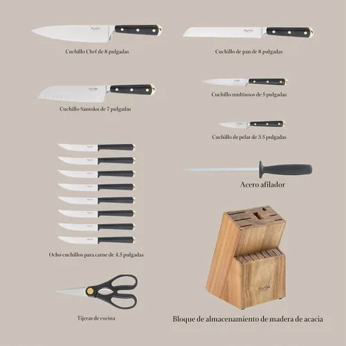 Vista 3 de Martha Stewart Juego de 16 cuchillos de cocina de acero inoxidable de alto carbono con mango forjado remachado triple de ABS, bloque de madera