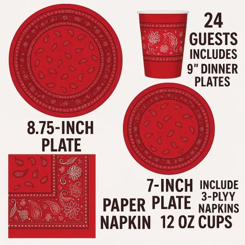 Vista 2 de Oojami Sirve 24 – Bandana roja suministros para fiesta occidental – Paquete completo de fiesta con platos llanos de 9 pulgadas, platos de postre