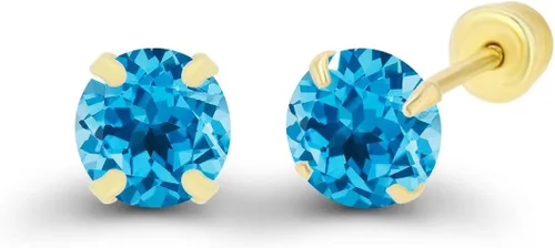 Vista 2 de Aretes de tuerca solitario de oro macizo de 14 quilates hipoalergénicos de 0.118in con piedra natal redonda, Metal Gema Piedra, Circonia cúbica