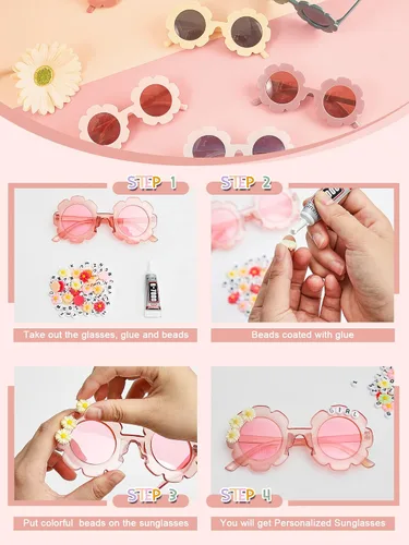 Vista 10 de Dunzy 10 pares de lentes de sol redondos de flores para niños, gafas de bricolaje para exteriores, con 50 margaritas, 100 cuentas de letras al azar