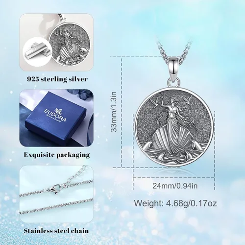 Vista 61 de EUDORA Collar de plata de ley 925 con moneda Hécate, Athena, Perséfono, Nyx, diosa de la luna triple, diosa celta, rueda de Hécate, llave, regalo