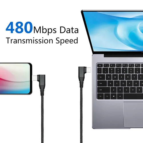 Vista 5 de Cable USB C a USB C en ángulo recto de 3.3 ft/3 pies, 90 grados, 60 W, PD tipo C, cable trenzado de nailon de carga rápida y transmisión de datos