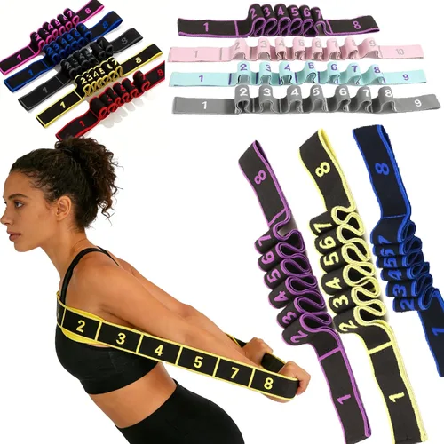 Vista 10 de Banda de resistencia de fitness para estiramiento y yoga, banda de resistencia de yoga ajustable de 8 segmentos con asas para brazos, ejercicio