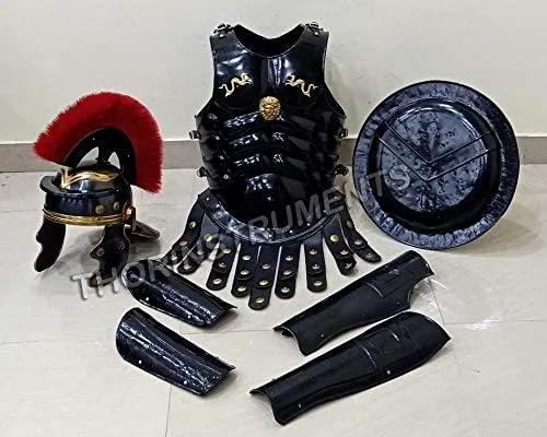 Vista 4 de THORINSTRUMENTS (con dispositivo) Conjunto de armadura corporal muscular medieval con casco de centurión romano, protector de piernas y brazos