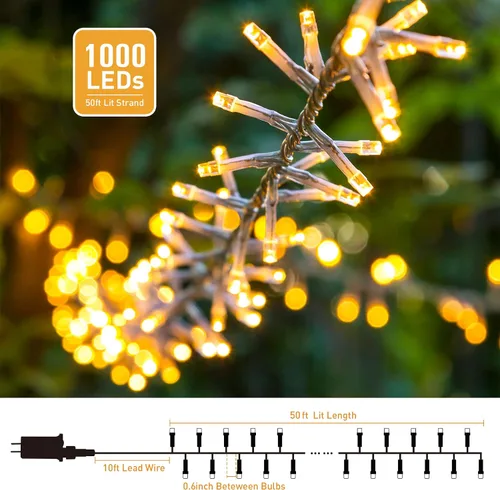 Vista 8 de JMEXSUSS 1000 luces LED de 50 pies en racimo de Navidad enchufables, 8 modos de luces de Navidad al aire libre impermeables con control remoto