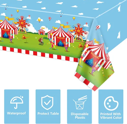 Vista 7 de Paquete de 4 manteles con temática de circo, 51 x 87 pulgadas, mantel rectangular desechable de plástico para carnaval, mantel a rayas rojas