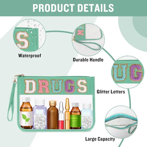 Vista 3 de Iqimott Bolsa de parche de felpilla con letras MEDS transparente, bolsa de maquillaje portátil de preparación para mujeres y niñas, viajes, bolsa