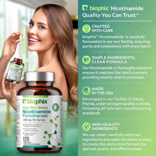 Vista 6 de biophix Pantotenato de nicotinamida B-3 1350 mg 120 Vcaps - Clear Skin Series B5 Ácido pantoténico Natural Flush-Free Nicotinic Amide Niacina