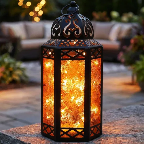 Vista 2 de VELA LANTERNS Juego de 2 portavelas decorativos de LED con luces de hadas de 12" de metal marroquí para colgar o mesa, decoración del hogar