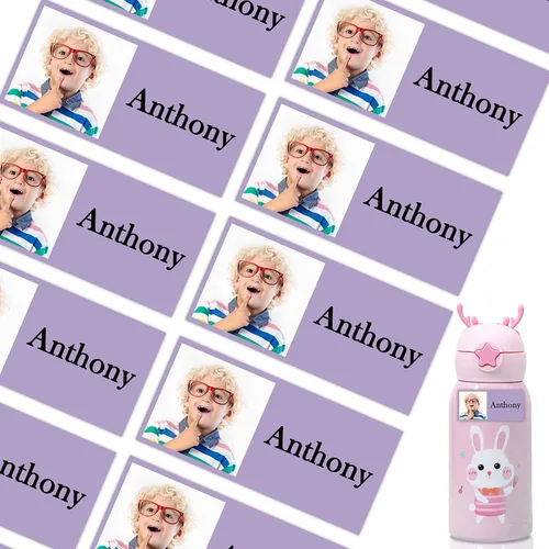 Vista 22 de 78 etiquetas personalizadas para niños con fotos impermeables, etiquetas de nombre personalizadas para suministros escolares, guardería, botellas