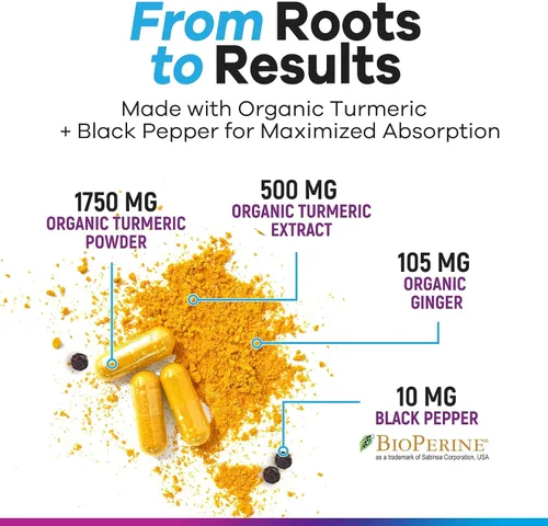 Vista 3 de Suplemento de curcumina de cúrcuma – 1750 mg de cúrcuma orgánica por porción – 95% curcuminoides, jengibre y pimienta negra BioPerine para una mejor