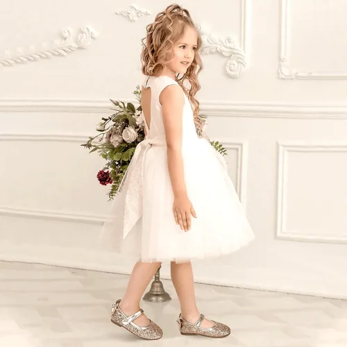 Vista 2 de PANDANINJIA Zapatos planos de ballet Mary Jane para niña pequeña, con lazo y flores, para boda, fiesta, bailarina
