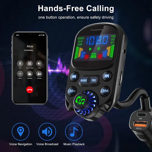 Vista 10 de Transmisor FM Bluetooth 5.3 para coche SOARUN Adaptador Bluetooth para automóvil PD30W y puerto USB, carga rápida, reproductor de agudos y graves