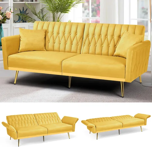 Vista 17 de Sofá cama futón de terciopelo de 70 pulgadas con reposabrazos ajustables, color azul bebé