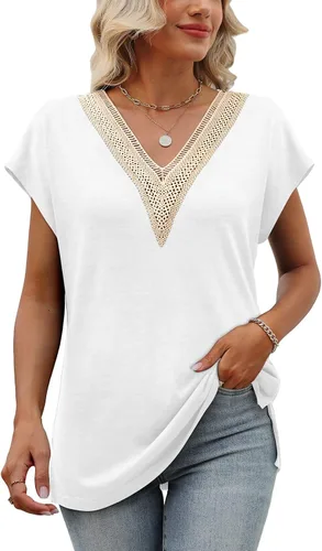 Vista 3 de Camisetas de verano de manga casquillo para mujer, camisetas sin mangas de moda con cuello en V y encaje